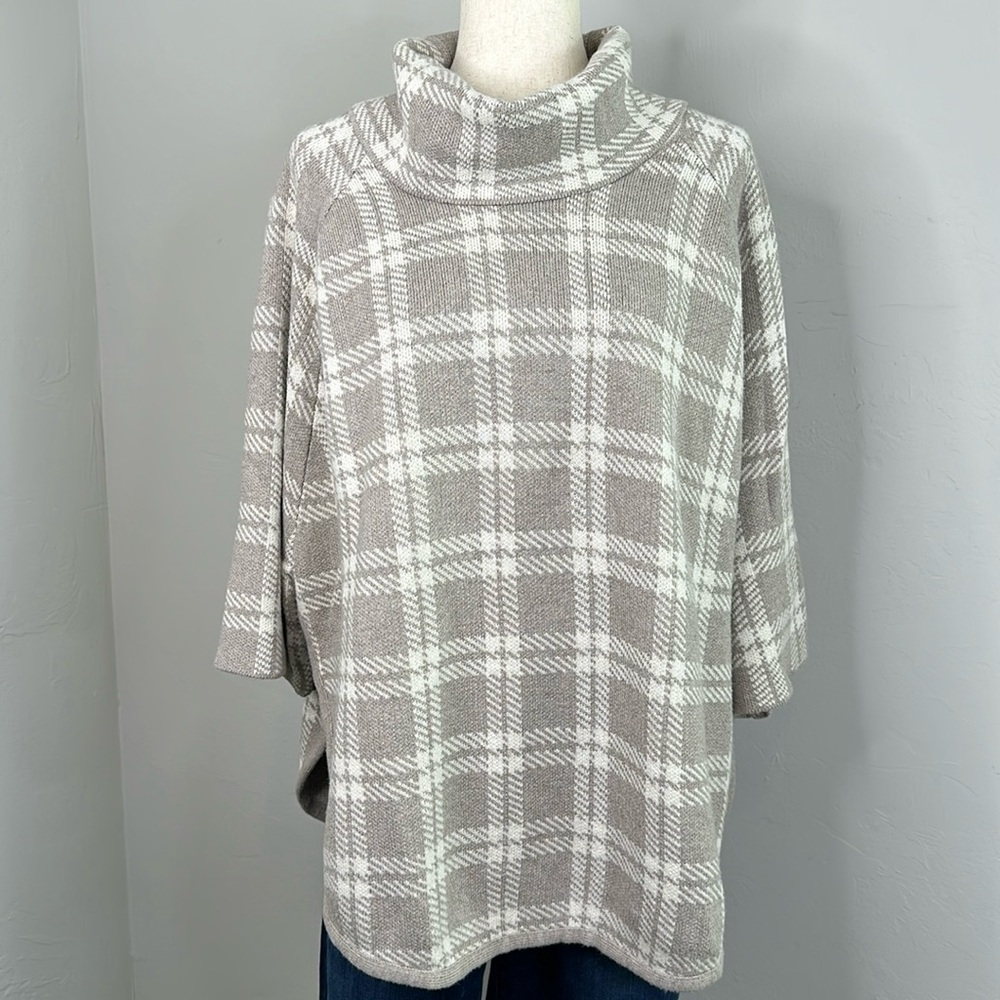LOFT Beige Plaid Turtleneck Poncho Sweater